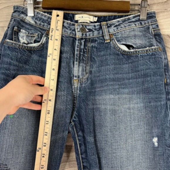 Mm Vintage Cropped Boyfriend Jeans Womens 26 Blue Distressed Frayed Hem Patches - Picture 9 of 12